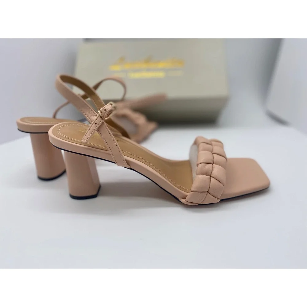 Lucibenita Nude Braided Square Toe Block Heel Sandals Ankle Strap Size 9.5 NEW
